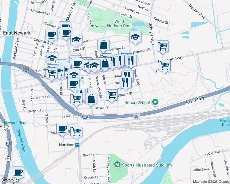 map of restaurants, bars, coffee shops, grocery stores, and more near 608 Wilhelm Street in Harrison
