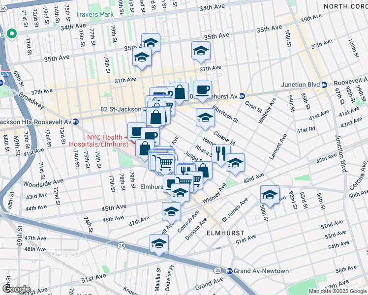 map of restaurants, bars, coffee shops, grocery stores, and more near 42-1 Judge Street in Queens