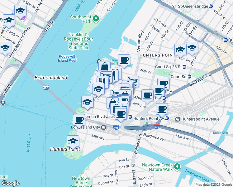 map of restaurants, bars, coffee shops, grocery stores, and more near 48-21 5th Street in Queens