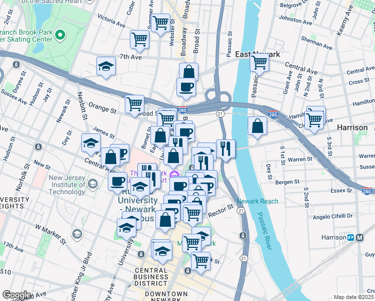 map of restaurants, bars, coffee shops, grocery stores, and more near 1 Washington Place in Newark