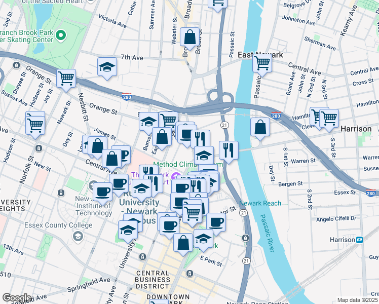 map of restaurants, bars, coffee shops, grocery stores, and more near 1 Washington Street in Newark