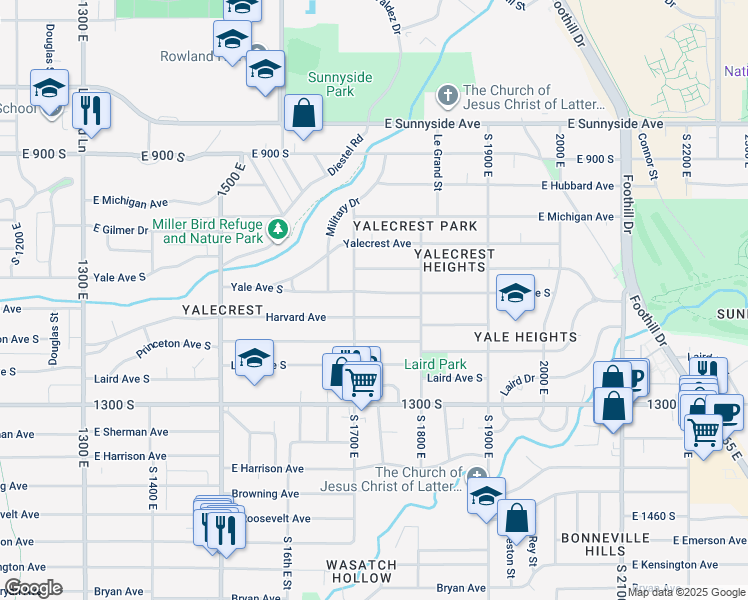 map of restaurants, bars, coffee shops, grocery stores, and more near 1726 Yale Avenue South in Salt Lake City