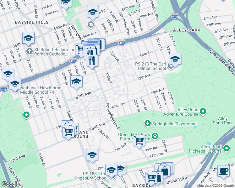 map of restaurants, bars, coffee shops, grocery stores, and more near 6809 Springfield Boulevard in Queens