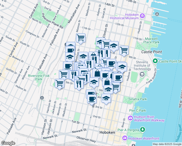 map of restaurants, bars, coffee shops, grocery stores, and more near 614 Clinton Street in Hoboken