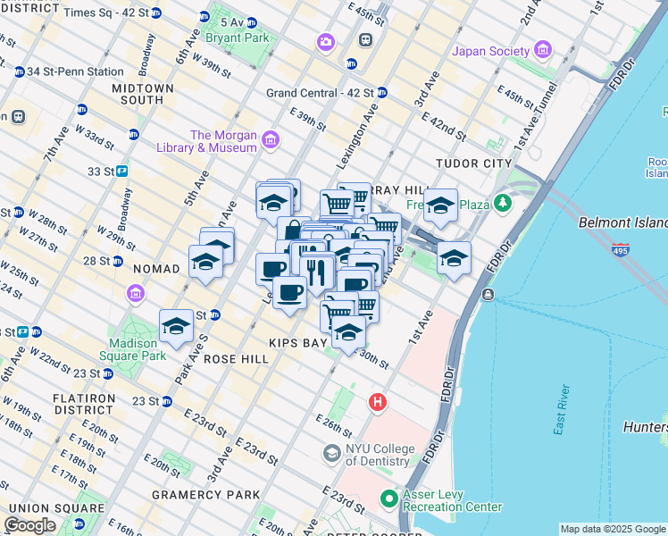 map of restaurants, bars, coffee shops, grocery stores, and more near 200 East 33rd Street in New York