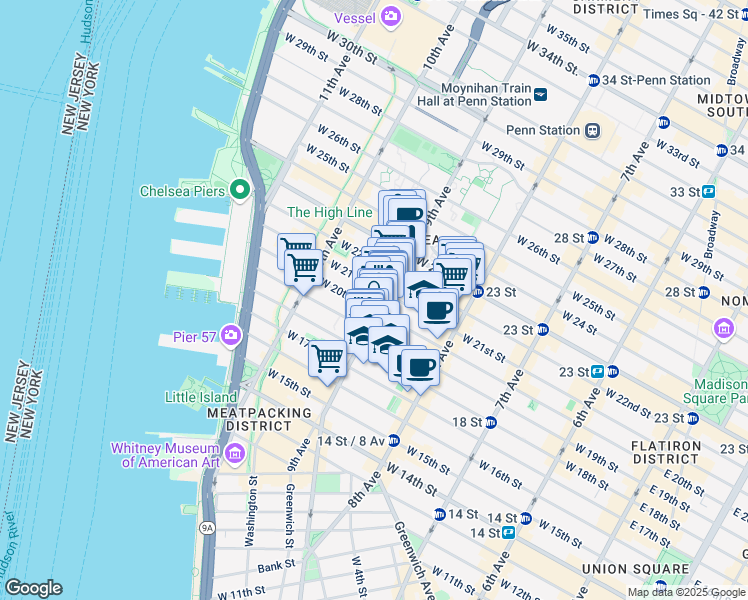 map of restaurants, bars, coffee shops, grocery stores, and more near 162 9th Avenue in New York