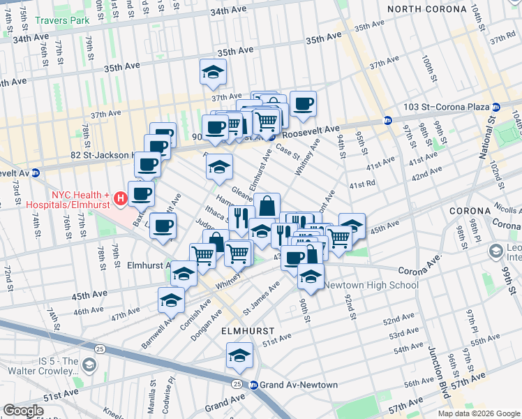 map of restaurants, bars, coffee shops, grocery stores, and more near 89-1 Whitney Avenue in Queens
