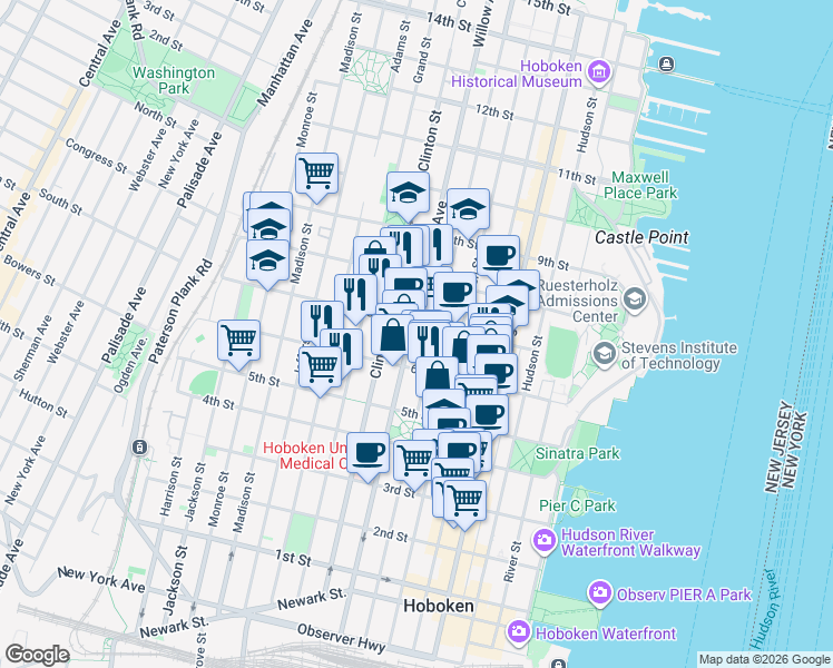 map of restaurants, bars, coffee shops, grocery stores, and more near in Hoboken