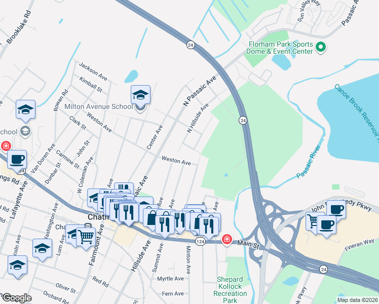 map of restaurants, bars, coffee shops, grocery stores, and more near 8 Weston Avenue in Chatham
