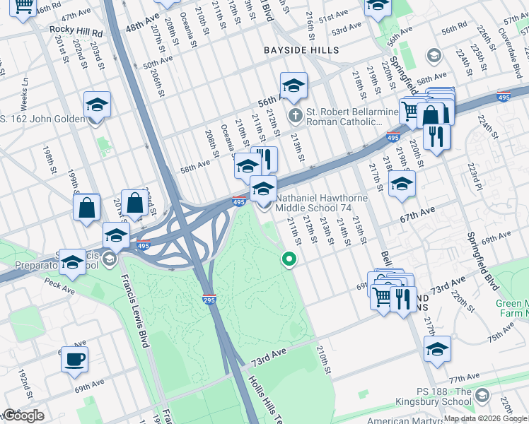 map of restaurants, bars, coffee shops, grocery stores, and more near 61-15 Oceania Street in Queens