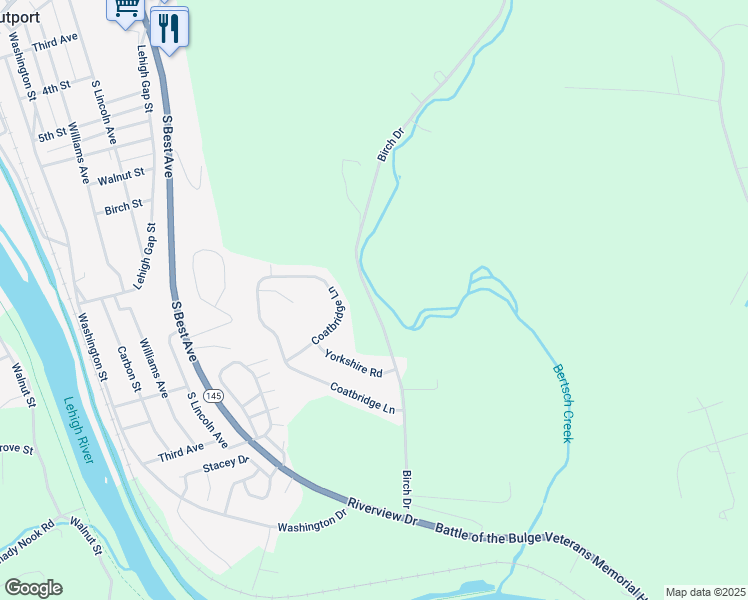 map of restaurants, bars, coffee shops, grocery stores, and more near 540 Birch Drive in Walnutport