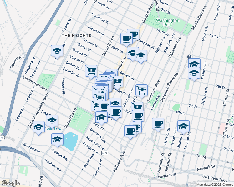 map of restaurants, bars, coffee shops, grocery stores, and more near 68 Cambridge Avenue in Jersey City