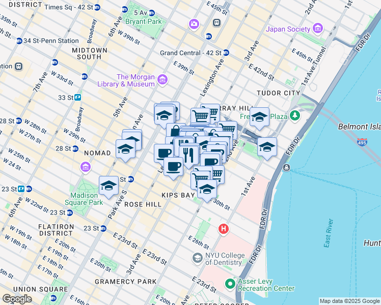 map of restaurants, bars, coffee shops, grocery stores, and more near 200 East 33rd Street in New York