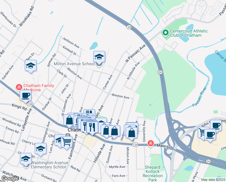 map of restaurants, bars, coffee shops, grocery stores, and more near 100 North Passaic Avenue in Chatham Township