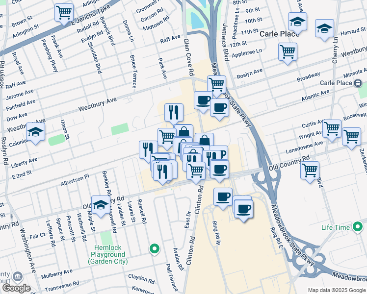 map of restaurants, bars, coffee shops, grocery stores, and more near 164 Glen Cove Road in Carle Place