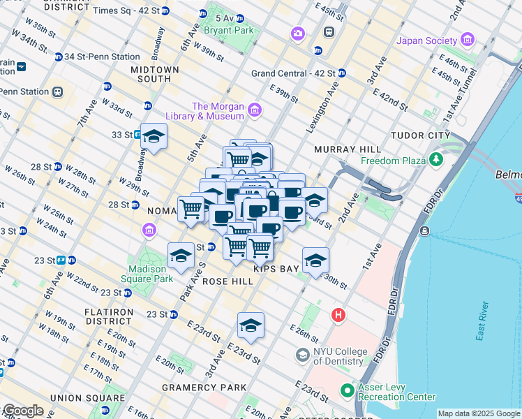 map of restaurants, bars, coffee shops, grocery stores, and more near 192 Lexington Avenue in New York