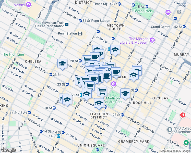 map of restaurants, bars, coffee shops, grocery stores, and more near 37w West 26th Street in New York