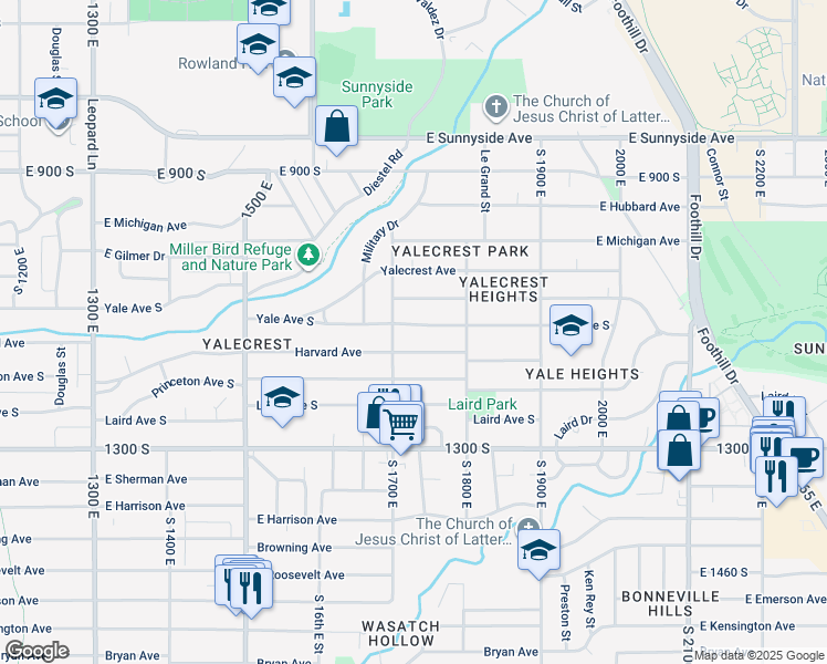 map of restaurants, bars, coffee shops, grocery stores, and more near 1726 Yale Avenue South in Salt Lake City