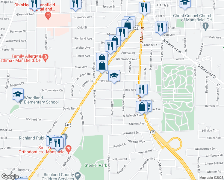 map of restaurants, bars, coffee shops, grocery stores, and more near 98 Reba Avenue in Mansfield