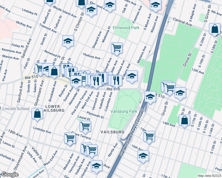 map of restaurants, bars, coffee shops, grocery stores, and more near South Orange Avenue & Chelsea Avenue in Newark