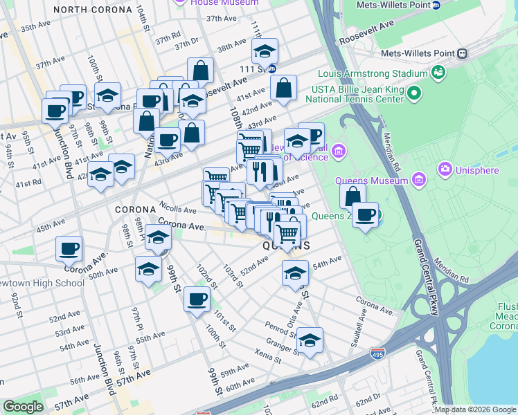 map of restaurants, bars, coffee shops, grocery stores, and more near 106-13 50th Avenue in Queens