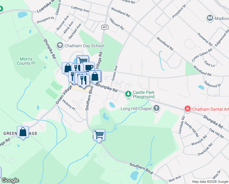 map of restaurants, bars, coffee shops, grocery stores, and more near 9 Emmett Street in Chatham Township
