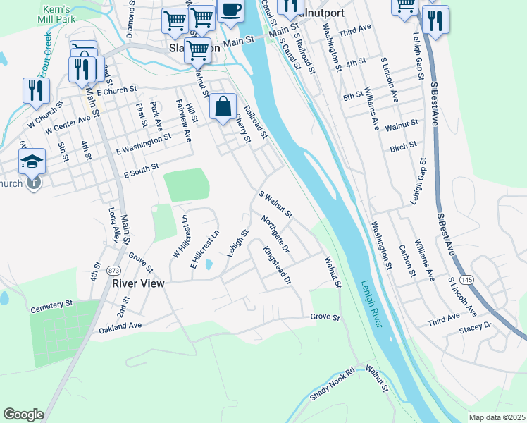 map of restaurants, bars, coffee shops, grocery stores, and more near 7325 Northgate Drive in Slatington