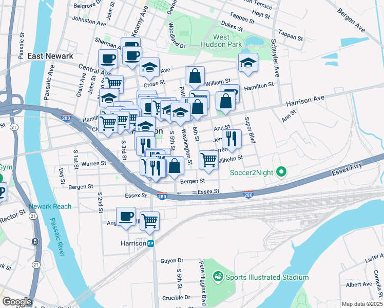 map of restaurants, bars, coffee shops, grocery stores, and more near 52 Washington Street in Harrison