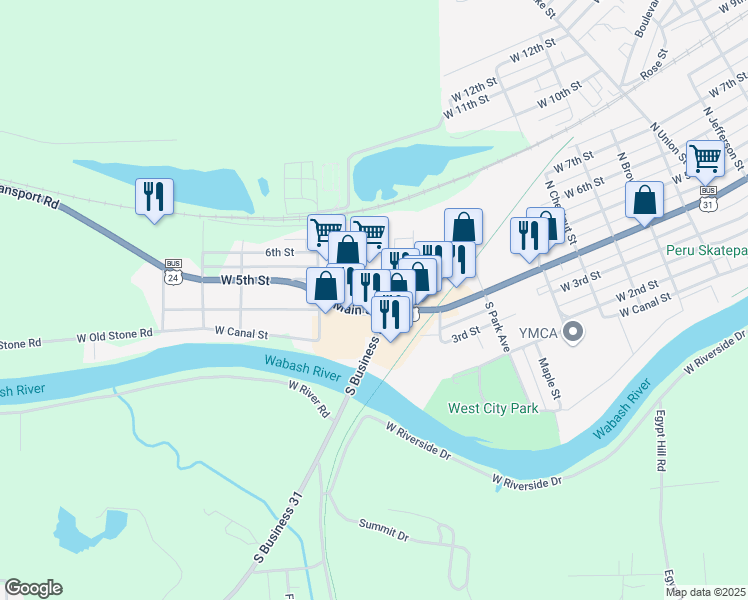 map of restaurants, bars, coffee shops, grocery stores, and more near 930 West Main Street in Peru