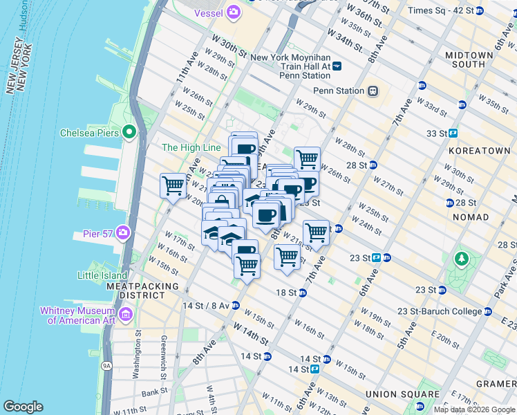 map of restaurants, bars, coffee shops, grocery stores, and more near 326 West 21st Street in New York