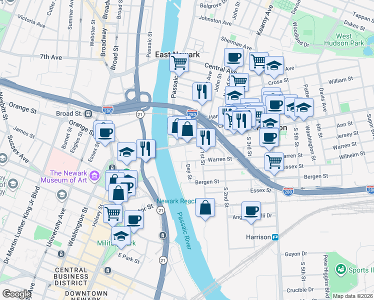 map of restaurants, bars, coffee shops, grocery stores, and more near 201 Dey Street in Harrison