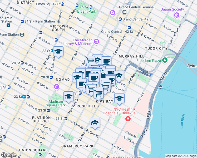 map of restaurants, bars, coffee shops, grocery stores, and more near 114 East 32nd Street in New York