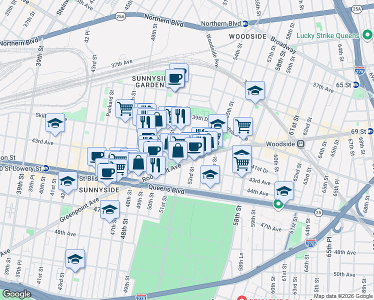 map of restaurants, bars, coffee shops, grocery stores, and more near 5217 Roosevelt Avenue in Queens
