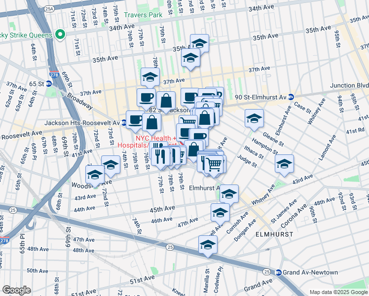 map of restaurants, bars, coffee shops, grocery stores, and more near 79-01 Broadway in Queens