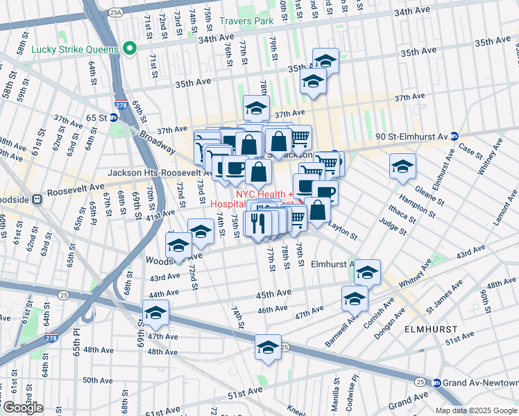 map of restaurants, bars, coffee shops, grocery stores, and more near 41-34 77th Street in Queens