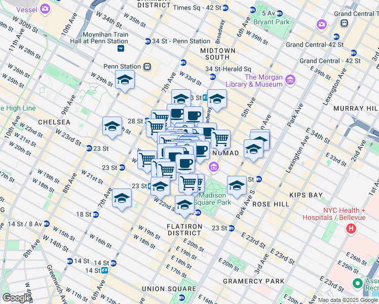 map of restaurants, bars, coffee shops, grocery stores, and more near 37w West 26th Street in New York