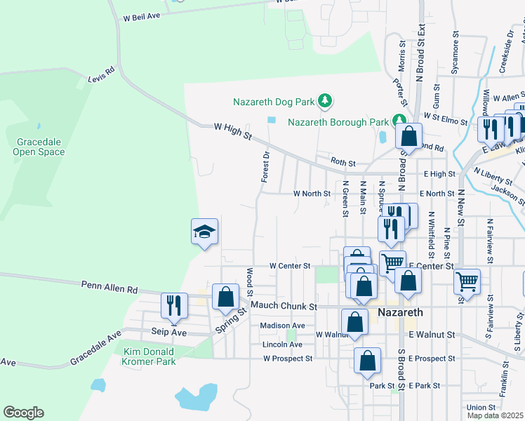 map of restaurants, bars, coffee shops, grocery stores, and more near 130 Forest Drive in Nazareth