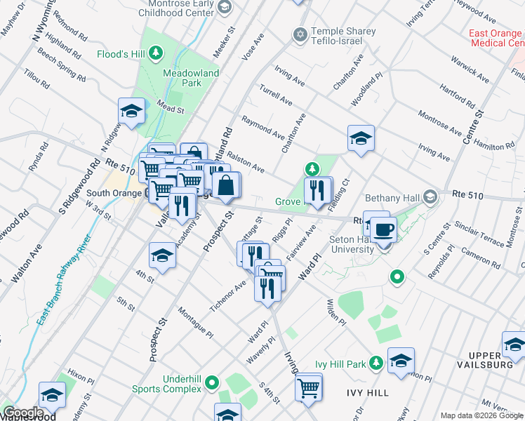 map of restaurants, bars, coffee shops, grocery stores, and more near South Orange Avenue & Cottage Street in South Orange