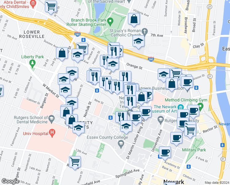 map of restaurants, bars, coffee shops, grocery stores, and more near 239 Central Avenue in Newark