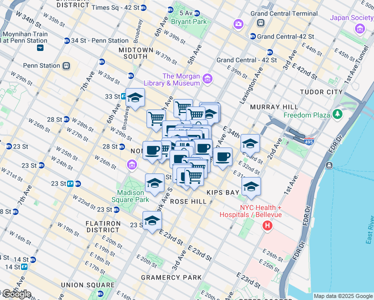 map of restaurants, bars, coffee shops, grocery stores, and more near 460 Park Avenue South in New York