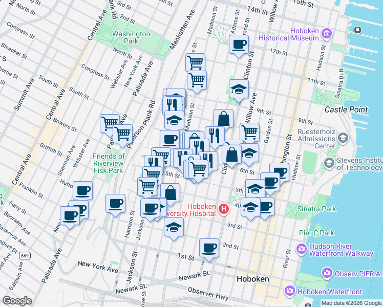 map of restaurants, bars, coffee shops, grocery stores, and more near 525 Madison Street in Hoboken