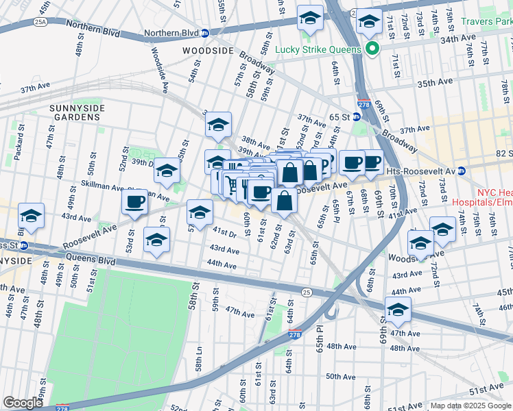 map of restaurants, bars, coffee shops, grocery stores, and more near 60-15 Woodside Avenue in Queens