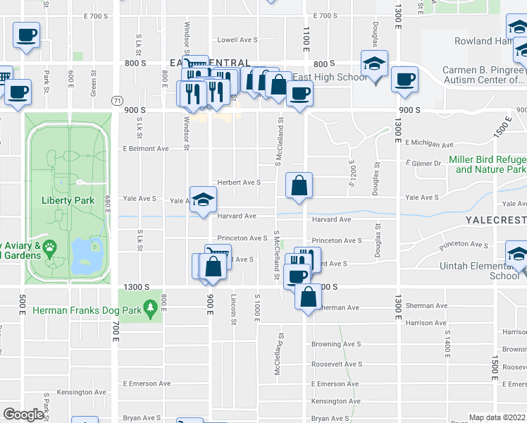 map of restaurants, bars, coffee shops, grocery stores, and more near 992 Harvard Avenue in Salt Lake City