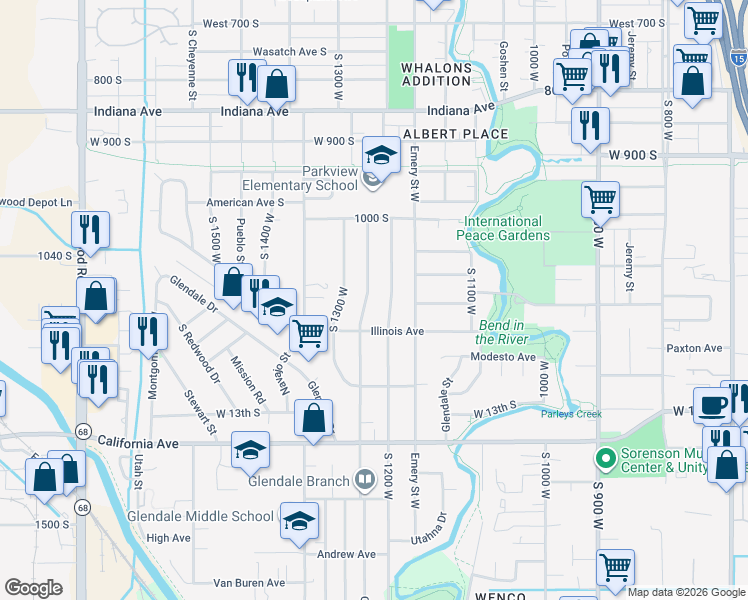 map of restaurants, bars, coffee shops, grocery stores, and more near 1145 Concord Street in Salt Lake City