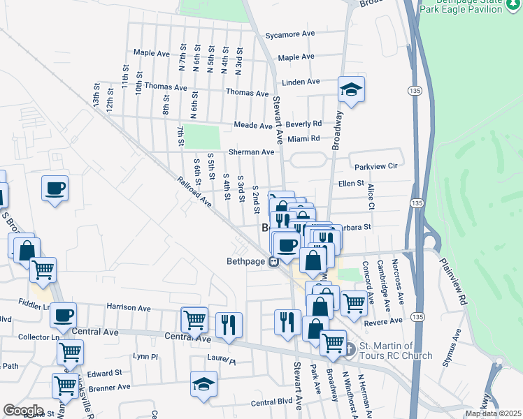 map of restaurants, bars, coffee shops, grocery stores, and more near 40 Burkhardt Avenue in Bethpage