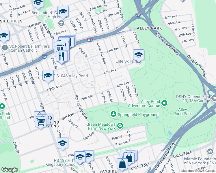 map of restaurants, bars, coffee shops, grocery stores, and more near 69-11 226th Street in Queens