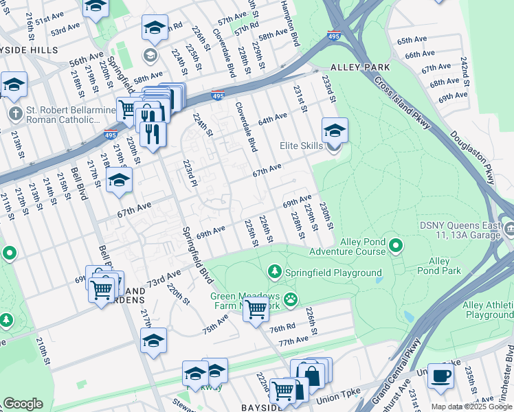 map of restaurants, bars, coffee shops, grocery stores, and more near 224-15 69th Avenue in Queens