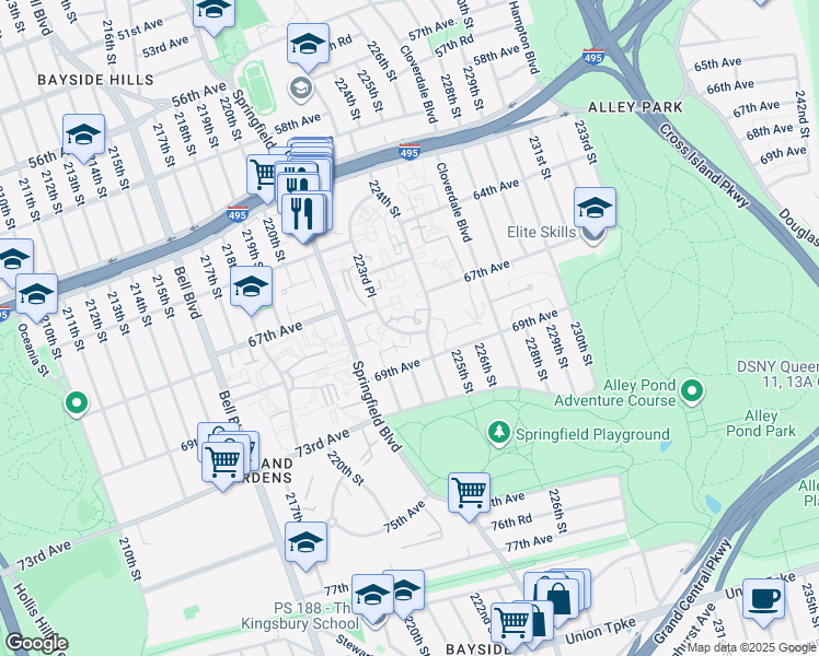 map of restaurants, bars, coffee shops, grocery stores, and more near 223-7 69th Avenue in Queens