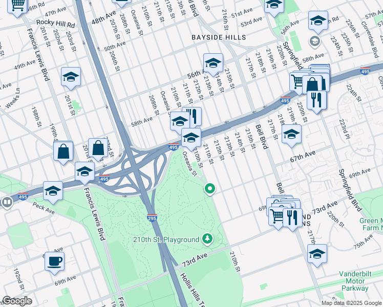 map of restaurants, bars, coffee shops, grocery stores, and more near 61-15 Oceania St in Queens