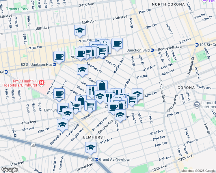 map of restaurants, bars, coffee shops, grocery stores, and more near 89-1 Whitney Avenue in Queens